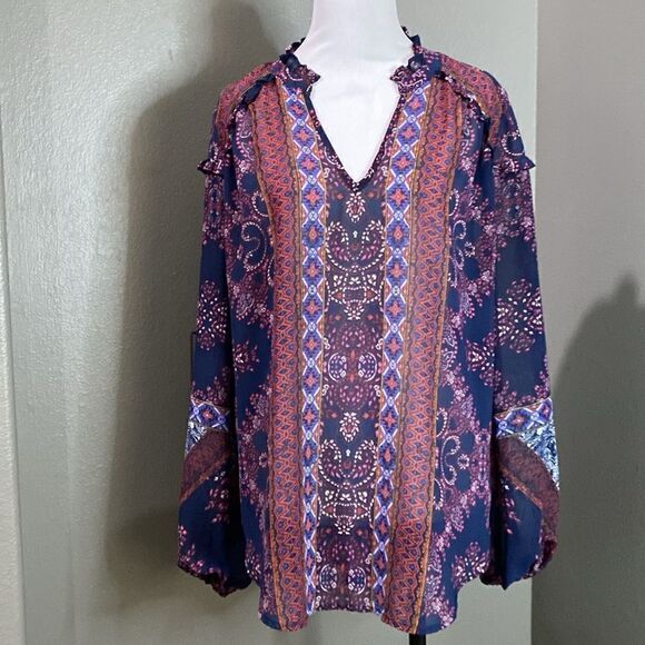 Knox Rose Sheer Ruffle Long Sleeve Blue Pink Boho Blouse - Picture 12 of 12